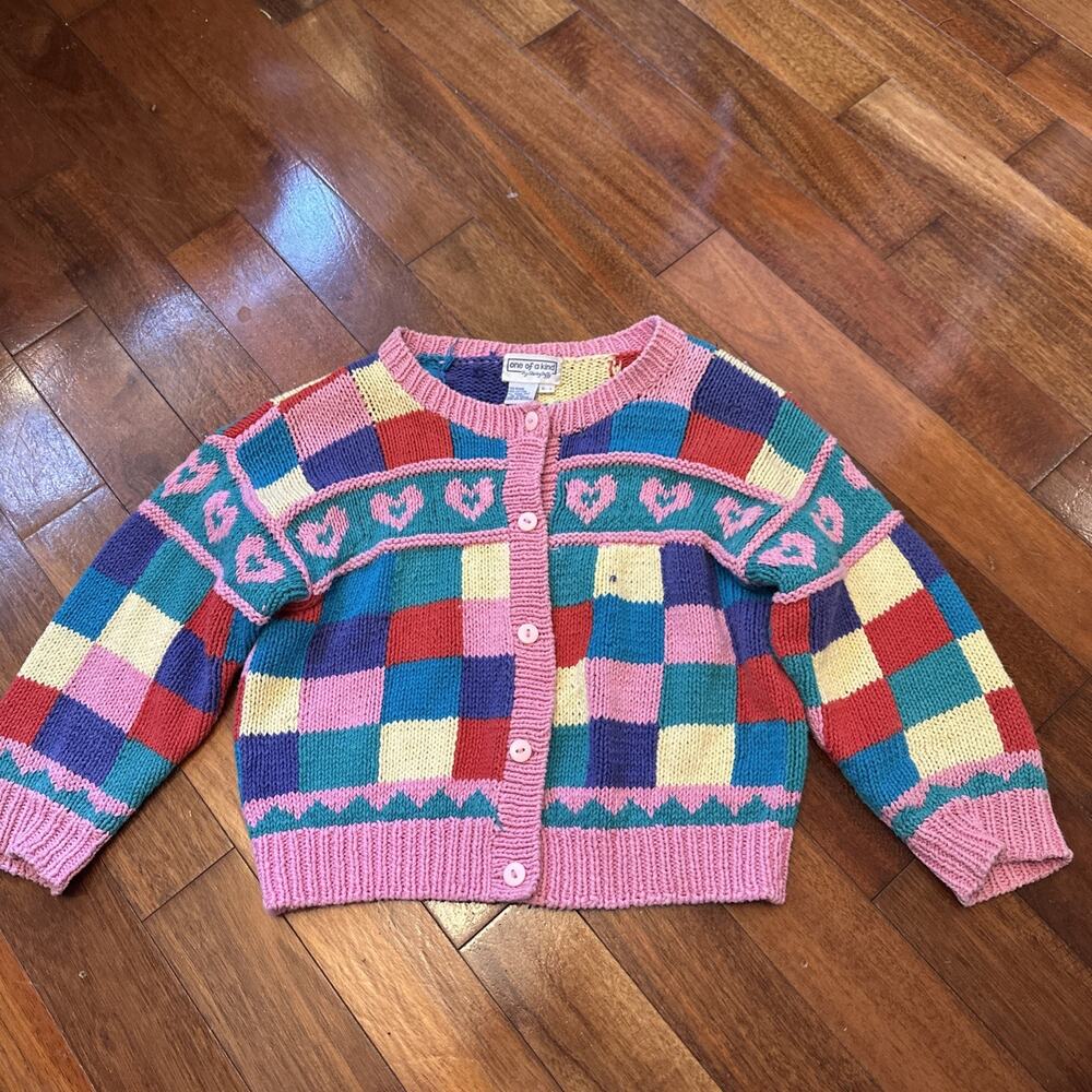 One Of A Kind By Shirley Duffy Girls Hearts Colorblock Cardigan Sweater Size 6-7